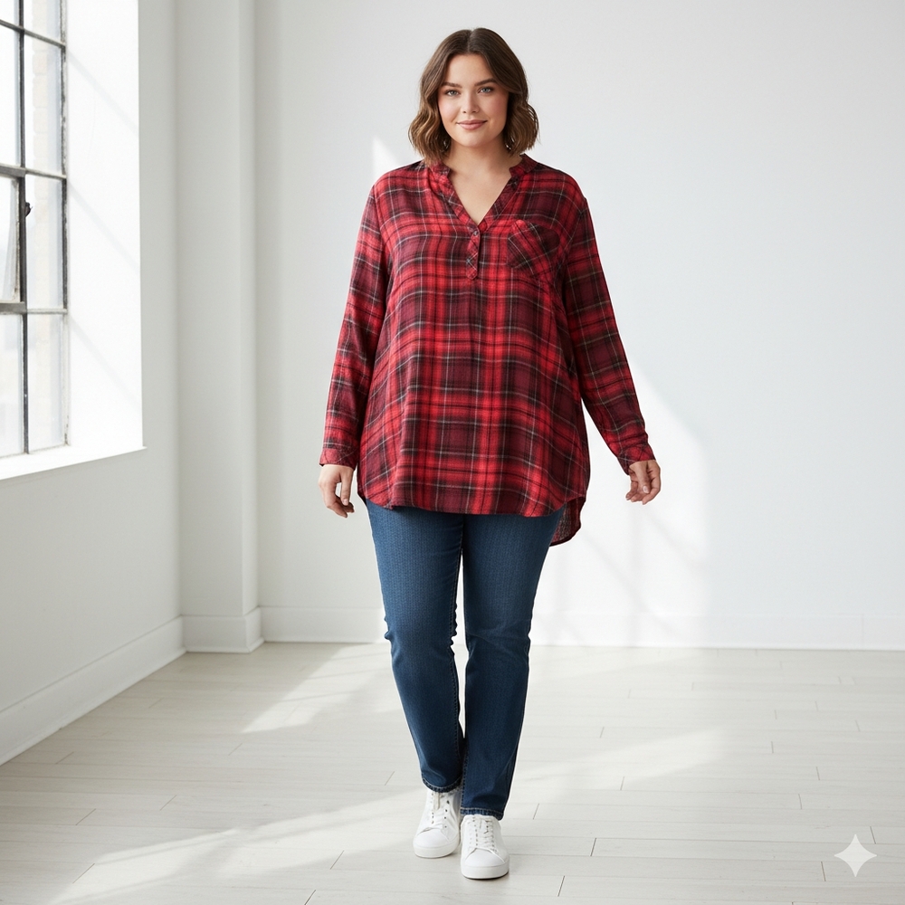 Philosophy Woman Tunic Top Size 2XL Red Plaid One Pocket Causal Cozy Cabincore